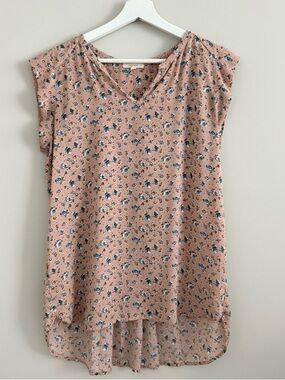 Pleione V Neck Pleated Back Cap Sleeve Blouse Blush Blue Flower Small